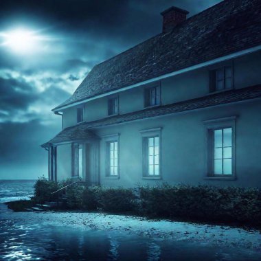 Create a book cover for a sinister mystery with a mysterious large house near a beach with the light shining out of the windows at night in a storm clipart