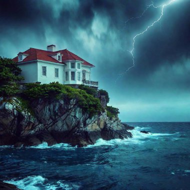 Create a book cover for a sinister mystery with a rundown mansion on the edge of an ocean cliff at night in the storm clipart