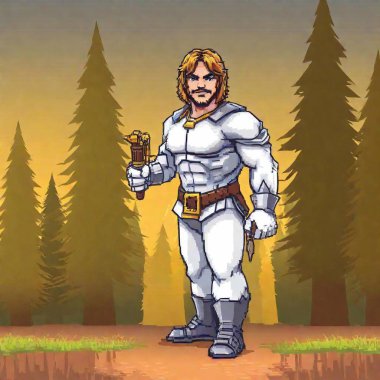 8-bit paladin character in front of an 8-bit forest background clipart