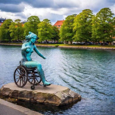 mermaid of copenhagen statue, but make the mermaid in a wheelchair, keep the copenhagen background clipart