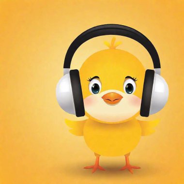 Create a professional, classic cartoon headshot of a baby chick with headphones on listening to music. clipart