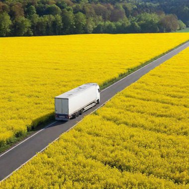 photo of a truck driving along rapeseed fields clipart