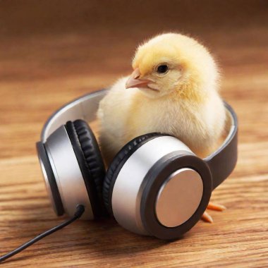 cute chicken listening to music on headphones clipart