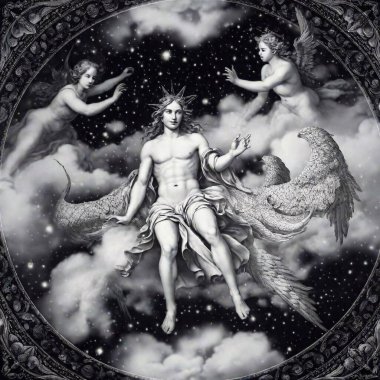 A detailed black and white artistic representation of the cosmos as envisioned by Enoch, showing celestial spheres and angelic beings governing the universe, with stars and planetary bodies meticulously detailed clipart