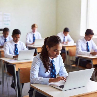 group of school students in uniform using laptop and computer in classroom at college. clipart