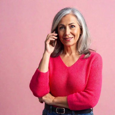 middle age grey - haired woman wearing casual clothes smiling with hand on ear listening to hearing to rumor or gossip. deafness concept. clipart