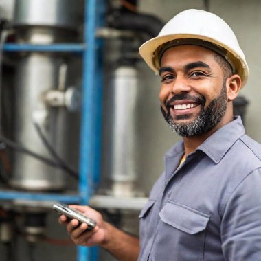 portrait of smiling black businessman in factory with digital tablet clipart