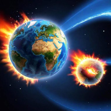 A realistic image depicts two separate objects in space: a burning Earth globe and a modern fan. The Earth globe is positioned at the top, surrounded by large, exaggerated flames that humorously emphasize the planet's suffering. Below, a stylized clipart