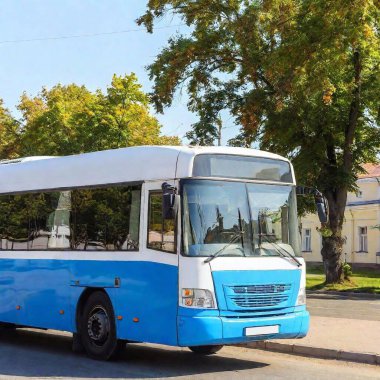 A typical Ukrainian city, a blue intercity tourist bus should be present in the photo, but this bus should occupy more than 10% of the image. clipart