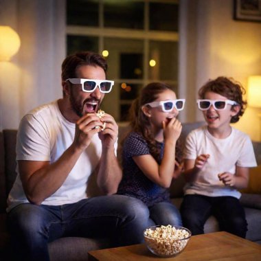 Three parents and children are screaming and sitting on a sofa in a modern living room late at night, engrossed in a horror movie. They are wearing paper 3D glasses. The room is dark, and the light from the screen is illuminating the three of them clipart