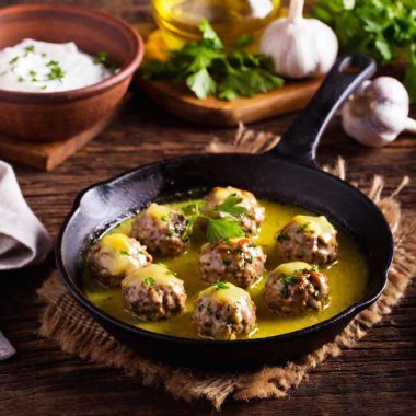 meatballs with sour cream and herbs in cast iron pan clipart