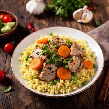 couscous with vegetables and pork dish top view clipart