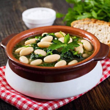 bowl of spinach and garlic soup with chickpeas clipart