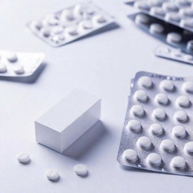 Synthetic pharmaceutical drugs on a pure white background. A white box with a light blue abstract design sits on the table. Next to it is an opaque blister containing tablets. Each blister contains 2 oval tablets. Several pills are scattered on the clipart