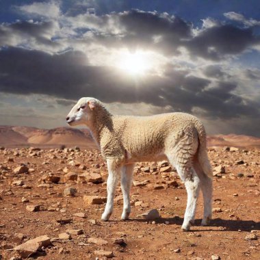 On a cloudy day in the harsh desert of Israel, the back of a lamb is seen walking toward the sun. clipart