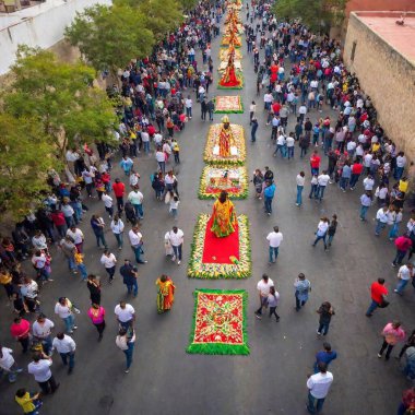 A wide-angle view from above of the Virgin of Guadalupe Day festivities, capturing the expansive setup of religious ceremonies, the crowd's participation, and the surrounding decorations clipart