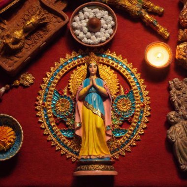 A close-up flatlay photo of a Virgin of Guadalupe Day altar, showcasing religious artifacts such as candles, rosaries, and small statues, with intricate details and vibrant colors clipart