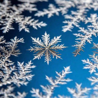 Create an Extreme Macro photo of Winter Solstice window decorations. Apply Rack Focus to zoom in on a specific detail, such as snowflakes or frosted glass, with a High Angle Shot to capture the decoration's close-up texture and design clipart