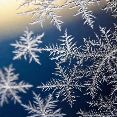 Create an Extreme Macro photo of Winter Solstice window decorations. Apply Rack Focus to zoom in on a specific detail, such as snowflakes or frosted glass, with a High Angle Shot to capture the decoration's close-up texture and design clipart