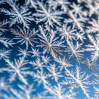 Create an Extreme Macro photo of Winter Solstice window decorations. Apply Rack Focus to zoom in on a specific detail, such as snowflakes or frosted glass, with a High Angle Shot to capture the decoration's close-up texture and design clipart