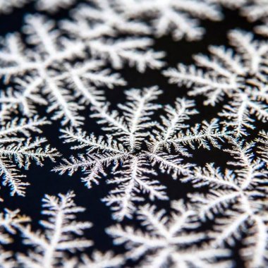 Create an Extreme Macro photo of Winter Solstice window decorations. Apply Rack Focus to zoom in on a specific detail, such as snowflakes or frosted glass, with a High Angle Shot to capture the decoration's close-up texture and design clipart