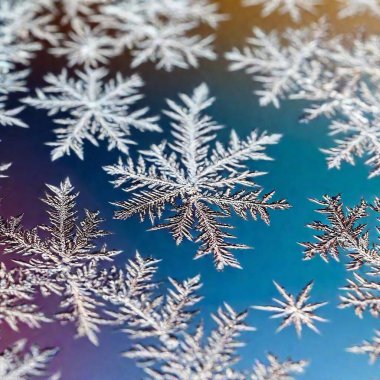 Create an Extreme Macro photo of Winter Solstice window decorations. Apply Rack Focus to zoom in on a specific detail, such as snowflakes or frosted glass, with a High Angle Shot to capture the decoration's close-up texture and design clipart