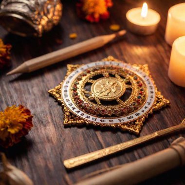 An extreme close-up flatlay of a religious altar setup for Virgin of Guadalupe Day, highlighting intricate details of religious relics, candles, and floral decorations clipart