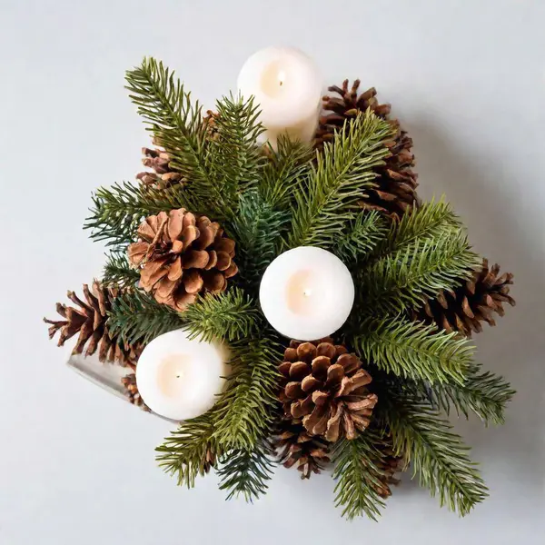 Christmas Composition Christmas Tree Branch Candles White Background Flat Lay — Stock Photo, Image