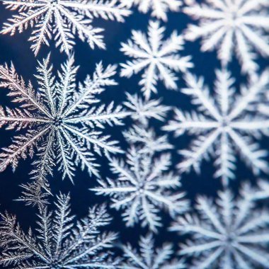 Create an Extreme Macro photo of Winter Solstice window decorations. Apply Rack Focus to zoom in on a specific detail, such as snowflakes or frosted glass, with a High Angle Shot to capture the decoration's close-up texture and design clipart