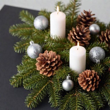 christmas composition with burning candle on grey background. christmas card clipart