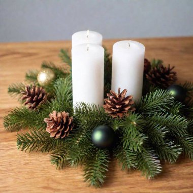 burning candles and fir branch on white table. christmas decor clipart