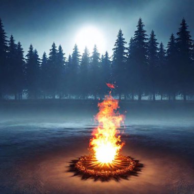 bonfire with burning flame on a background of mountains and forest. 3 d illustration, 3 d rendering. clipart