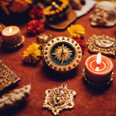 An extreme close-up flatlay of a religious altar setup for Virgin of Guadalupe Day, highlighting intricate details of religious relics, candles, and floral decorations clipart