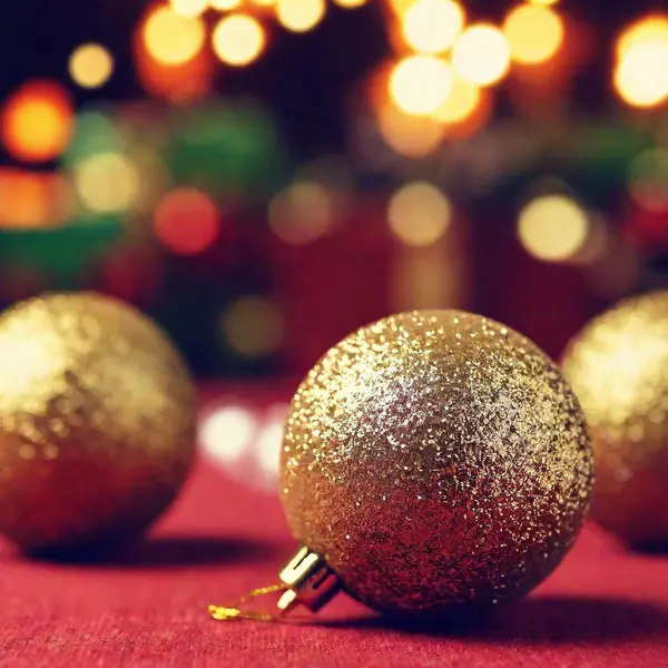 Red Shiny Christmas Balls Dark Background Golden Lights Christmas Background — Stock Photo, Image
