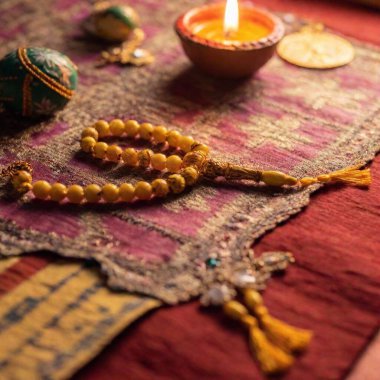 A close-up flatlay photo of a Virgin of Guadalupe Day devotional set, with detailed views of prayer beads, religious medals, and candles, arranged meticulously on a decorated surface clipart