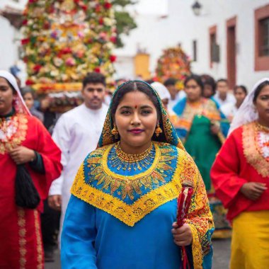 An eye-level shot of a diverse group of pilgrims walking together in a religious procession, with the Virgin of Guadalupe depicted in the distance. Macro details reveal the textures of their clothing and the small tokens of faith they carry.