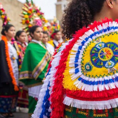 An eye-level shot of a diverse group of pilgrims walking together in a religious procession, with the Virgin of Guadalupe depicted in the distance. Macro details reveal the textures of their clothing and the small tokens of faith they carry.