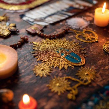 A close-up flatlay photo of a Virgin of Guadalupe Day devotional set, with detailed views of prayer beads, religious medals, and candles, arranged meticulously on a decorated surface clipart