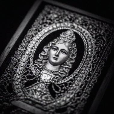 An extreme close-up flatlay of a Virgin of Guadalupe Day prayer card or religious text, rendered in noir with high contrast and shadow play, emphasizing the textures and intricate details clipart