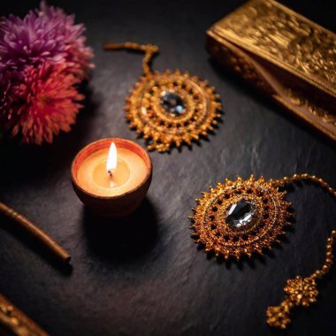 A close-up flatlay photo in noir style of a Virgin of Guadalupe Day altar, highlighting the details of candles, rosaries, and religious artifacts with dramatic contrasts and shadows clipart