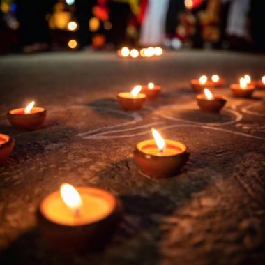 A noir-style close-up ground level shot of candles and religious items on the floor of a Virgin of Guadalupe Day ceremony, with dramatic shadows and high contrast highlighting the details clipart