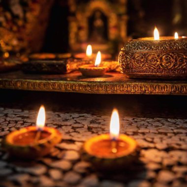 An extreme close-up ground level noir shot of a Virgin of Guadalupe Day altar, capturing the textures and intricate details of prayer candles and religious artifacts with a stark, high-contrast aesthetic. clipart