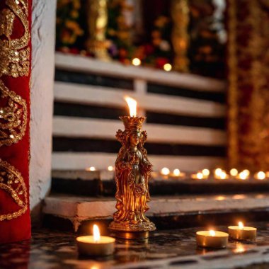 An extreme close-up ground level noir shot of a Virgin of Guadalupe Day altar, capturing the textures and intricate details of prayer candles and religious artifacts with a stark, high-contrast aesthetic. clipart