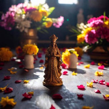 A noir-inspired close-up ground level view of Virgin of Guadalupe Day offerings on the ground, such as small statues and floral arrangements, with dramatic lighting and shadow play clipart