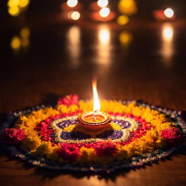 Illustrate a Diwali prayer scene with an establishing shot at ground level, where the focus starts on the prayer items scattered on the floor and then shifts to the participants in the background, capturing the essence of the ritual clipart