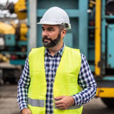 engineer with a helmet and a beard in the hands, in the construction site clipart