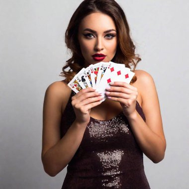 a beautiful woman with a deck of cards against the white wall, cinematic, vertical clipart