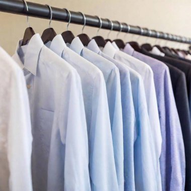 several racks of men's dress shirts and slacks hanging over a white hardwood floor. clipart