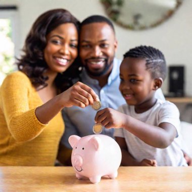 happy young black couple with piggy bank and coin at home. african american family, piggy bank and money. saving and future concept. clipart