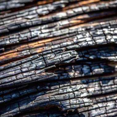 Burnt Wood Charred Surface: A close-up of burnt wood with a charred surface, in deep focus to capture the dark, cracked texture and the contrast between the burnt areas and the remaining wood. clipart